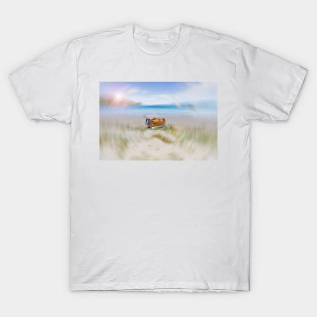 Old-fashioned wooden clinker dinghy pulled on beach at Kawau Island New Zealand in radial blur effect abstract image. T-Shirt by brians101